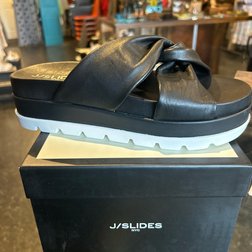 J SLIDES Black and White Leather  Platform Sandals NIB